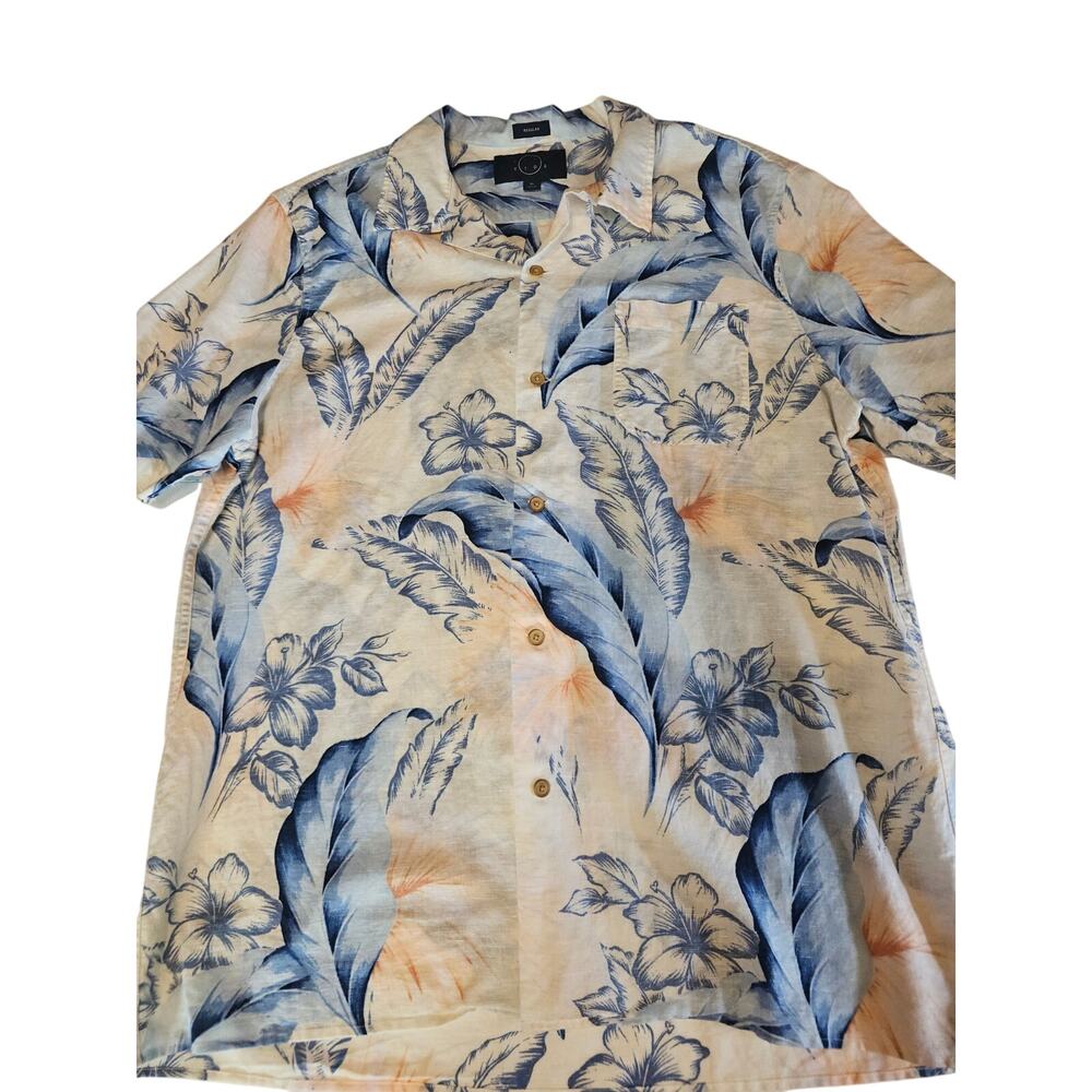 Even Tide Regular Aloha Hawaiian Tropical Floral Button Shirt Linen Cotton XL